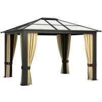 Outsunny 10' x 12' Hardtop Gazebo Canopy with Polycarbonate Roof, Aluminum Frame, Netting, Curtains and Ceiling Hook, Brown(m-2)
