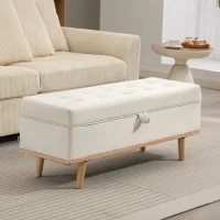 HOMCOM Storage Ottoman Bench, Foot Rest with Lift-Up Lid and Wood Legs, Linen Storage Chest for Living Room, Cream White(m-1)