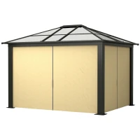 Outsunny 10' x 12' Hardtop Gazebo Canopy with Polycarbonate Roof, Aluminum Frame, Netting, Curtains and Ceiling Hook, Brown(m-13)