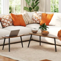 HOMCOM 2 Pieces Coffee Table Set for Living Room, Industrial Nest of Tables with Steel Legs, Brown(m-7)