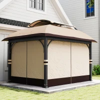 Outsunny 11' x 13' Patio Gazebo, Double Roof Outdoor Gazebo Canopy with Netting & Curtains, Galvanized Metal Frame, Khaki(m-10)