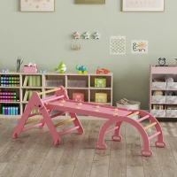 Qaba 7-in-1 Pikler Triangle Set, Foldable Wooden Climbing Toys with Arch, Ramp and Ladder for Toddlers 1-4 Years, Pink(m-10)