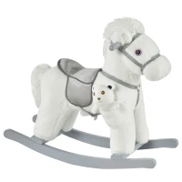 Qaba Kids Plush Ride-On Rocking Horse with Bear Toy, Children Chair with Soft Plush Toy & Fun Realistic Sounds, White(m-1)