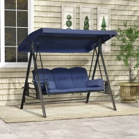 Outsunny Outdoor Patio 3-Person Steel Canopy Cushioned Seat Bench Swing with Included Side Trays & Padded Comfort, Dark Blue(m-1)