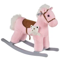 Qaba Kids Plush Ride-On Rocking Horse with Bear Toy, Children Chair with Soft Plush Toy & Fun Realistic Sounds, Pink(m-1)