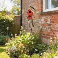 Outsunny 57" Outdoor Bird House with Pole, Metal Bird Houses for Outside, Double-Hole Birdhouse Outdoor Decoration, Red(m-1)