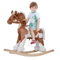 Qaba Kids Rocking Horse Plush Animal on Wooden Rockers with Sounds, Wooden Base, Baby Rocking Chair, Brown and White(m-2)