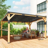 Outsunny 10' x 14' Wooden Gazebo, Hardtop Lean-to Gazebo Pergola with Galvanized Steel Sloped Roof, Bar Shelf, Natural Wood(m-2)
