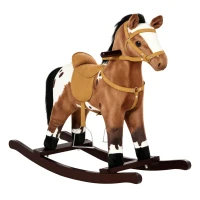 Qaba Kids Wooden Plush Ride-On Rocking Horse Chair Toy with Realistic Sounds Dark Brown/White(m-1)