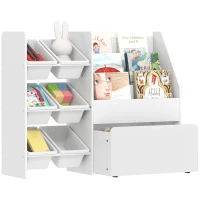 Qaba Kids Bookshelf and Toy Storage, 3-Tier Bookcase with 6 Removable Bins and Box for Toddler Nursery Playroom, White(m-11)