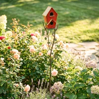 Outsunny 57" Outdoor Bird House with Pole, Metal Bird Houses for Outside, Double-Hole Birdhouse Outdoor Decoration, Red(m-10)