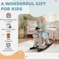 Qaba Kids Rocking Horse, Plush Toddler Ride on Toy with Realistic Neigh and Toy for 2–5 Years Old, Gray(m-9)