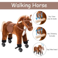 Qaba Kids Interactive Plush Mechanical Walking Ride On Horse Toy with Wheels, Brown(m-4)