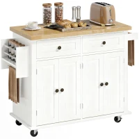 HOMCOM Kitchen Island Cart with Rubber Wood Top, Rolling Kitchen Island Table on Wheels with Drawers, Adjustable Shelves, Spice Rack and Towel Rack for Dining Room, White(m-1)