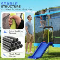 Qaba 70" x 47" Trampoline for Kids Indoor & Outdoor with Slide, Swing, Basketball Hoop and Safety Enclosure, Light Blue(m-4)