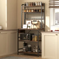 HOMCOM Kitchen Baker's Rack with Power Outlet and LED Light, 5-Tier Coffee Bar Station with 10 Hooks, Rustic Brown(m-8)