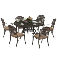 Outsunny 7 Pieces Outdoor Dining Set for 6, Aluminum Patio Table and Chairs Furniture Set with Umbrella Hole, Cushions, Bronze(m-11)