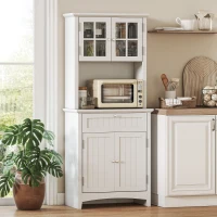 HOMCOM Kitchen Buffet Hutch Wooden Storage Cupboard with Framed Glass Door, Drawer and Microwave Space, White(m-1)