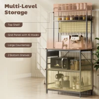 HOMCOM Kitchen Baker's Rack with Power Outlet and LED Light, 5-Tier Coffee Bar Station with 10 Hooks, Grey(m-6)