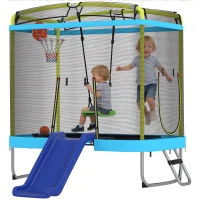 Qaba 70" x 47" Trampoline for Kids Indoor & Outdoor with Slide, Swing, Basketball Hoop and Safety Enclosure, Light Blue(m-11)