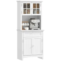 HOMCOM Kitchen Buffet Hutch Wooden Storage Cupboard with Framed Glass Door, Drawer and Microwave Space, White(m-2)