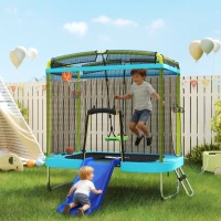 Qaba 70" x 47" Trampoline for Kids Indoor & Outdoor with Slide, Swing, Basketball Hoop and Safety Enclosure, Light Blue(m-1)