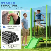 Qaba 85" Trampoline for Kids with Safety Enclosure, Toddler Trampoline with Slide Ladder for Ages 3+, Green(m-4)