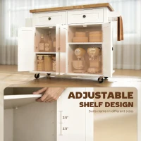 HOMCOM Kitchen Island Cart with Rubber Wood Top, Rolling Kitchen Island Table on Wheels with Drawers, Adjustable Shelves, Spice Rack and Towel Rack for Dining Room, White(m-5)