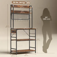 HOMCOM Kitchen Baker's Rack with Power Outlet and LED Light, 5-Tier Coffee Bar Station with 10 Hooks, Rustic Brown(m-3)