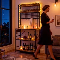 HOMCOM Kitchen Baker's Rack with Power Outlet and LED Light, 5-Tier Coffee Bar Station with 10 Hooks, Rustic Brown(m-10)