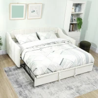 HOMCOM Upholstered Twin Trundle Bed, Extendable Twin to King Day Bed with Headboard and Armrests, Cream White(m-8)