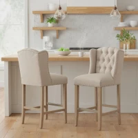 HOMCOM Counter Height Bar Stools Set of 2, 27" Seat Height Upholstered Barstools, Farmhouse Kitchen Island Stools with Nailhead-Trim, Tufted Back and Wooden Legs, Beige(m-10)