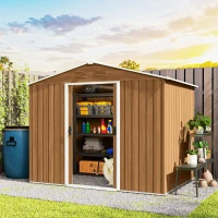 Outsunny 8' x 6' Outdoor Storage Shed, Metal Garden Tool Storage House with Lockable Sliding Doors and Vents for Backyard Patio Lawn, Dark Brown(m-8)