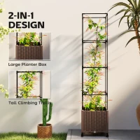 Outsunny Raised Garden Bed with Trellis, Tomato Cage with Lockable Wheels, Self Watering Planter Box with Drainage Holes, Brown(m-4)