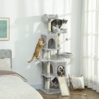 PawHut Cat Tree, 70" Multi-Level Cat Tower with 2 Condos, 2 Beds, Hammock, Toy Balls, Scratching Posts and Board, Light Grey(m-8)