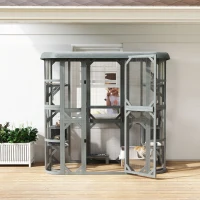 PawHut Catio Outdoor Cat Enclosure, 71" Wooden Cat House with Platforms, Condos and Waterproof Cover for 2–3 Kittens, Grey(m-9)