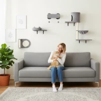 PawHut 4Pcs Cat Wall Shelves with Scratching Post & Pad, Condo, Hammock, Bed, Step, Hanging Pompoms, Perches(m-10)