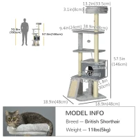 PawHut 57.5" Cat Tree with Scratching Posts, Large Cat Tower for Indoor Cats with Bed, House, Toys, Grey(m-3)
