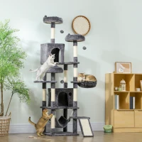 PawHut 76" Large Cat Tree for Indoor Cats with 8 Scratching Posts, 3 Plush Beds, 2 Hammocks, 2 Large Condos, Ramp, Dark Grey(m-8)