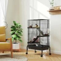PawHut 47"H Ferret Cage, Large 4-Tier Guinea Pig Cage with Wheels, Ramps, Bowl, Water Bottle & Removable Tray, Black(m-1)