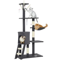 PawHut 53" Cat Tree Tower, Kitten Activity Centre with Scratching Posts, Condo, Perches, Ladder, Hammock, Dangling Toys, Dark Grey(m-11)