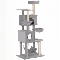 PawHut 66 Inch Large Cat Tree with 2 Door Condos, 3 Big Hammocks, Plush Top Perch, Sisal Scratching Posts, Light Grey(m-2)