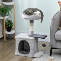 PawHut 28" Cat Tree Tower with Plush Top Bed, Cozy Condo, Sisal Scratching Post, Perch, Dangling Ball, Light Grey(m-8)