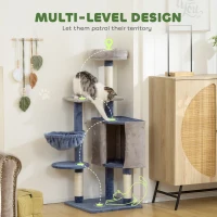 PawHut 48" Modern Cat Tree with Condo, Hammock, Perch, Sisal Scratching Posts, Toy Ball, for Indoor Cats, Blue and Grey(m-4)