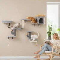 PawHut Cat Wall Shelves, 4 Pcs Cat Wall Furniture Set with Scratching Posts, Condo, Hammock, Perchs, Light Grey(m-9)
