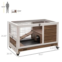 PawHut Wooden Indoor Rabbit Hutch Elevated Bunny Cage Habitat with Enclosed Run with Wheels, Ideal for Rabbits and Guinea Pigs, Brown(m-3)