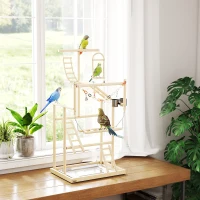PawHut Bird Playground, 4 Layer Wooden Play Stand with Ladders, Chain Toy, Stainless Steel Cups and Tray for Small Birds(m-8)