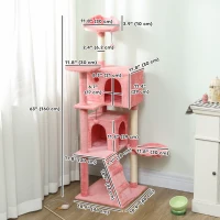 PawHut 63 Inch Cat Tree with Sisal Scratching Posts, Condos, Plush Perches, Hammock, Ladder, Dangling Balls, Pink(m-3)