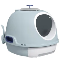 PawHut Cat Litter Box Toilet with Lid, Covered Litter Box with Scoop, Enclosed Drawer and Skylight, Blue(m-11)