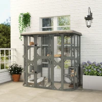 PawHut Catio Outdoor Cat Enclosure, 71" Wooden Cat House with Platforms, Condos and Waterproof Cover for 2–3 Kittens, Grey(m-1)